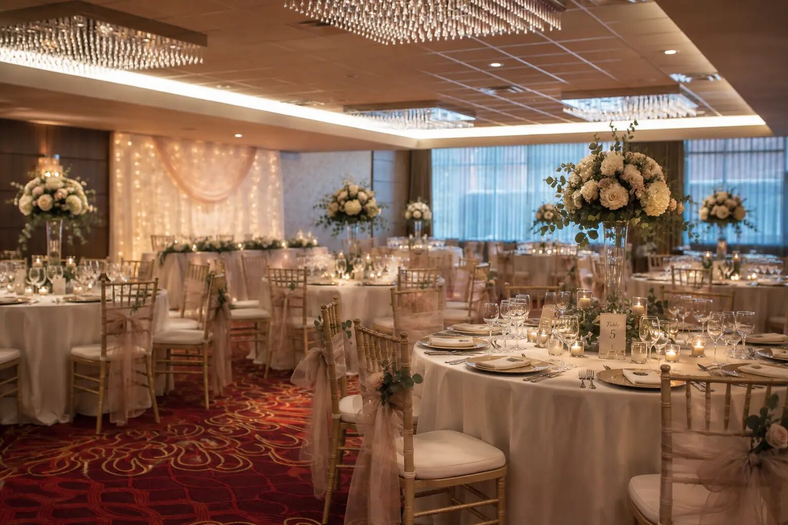 Cordova Ballroom wedding reception with chiavari chairs and floral centrepieces