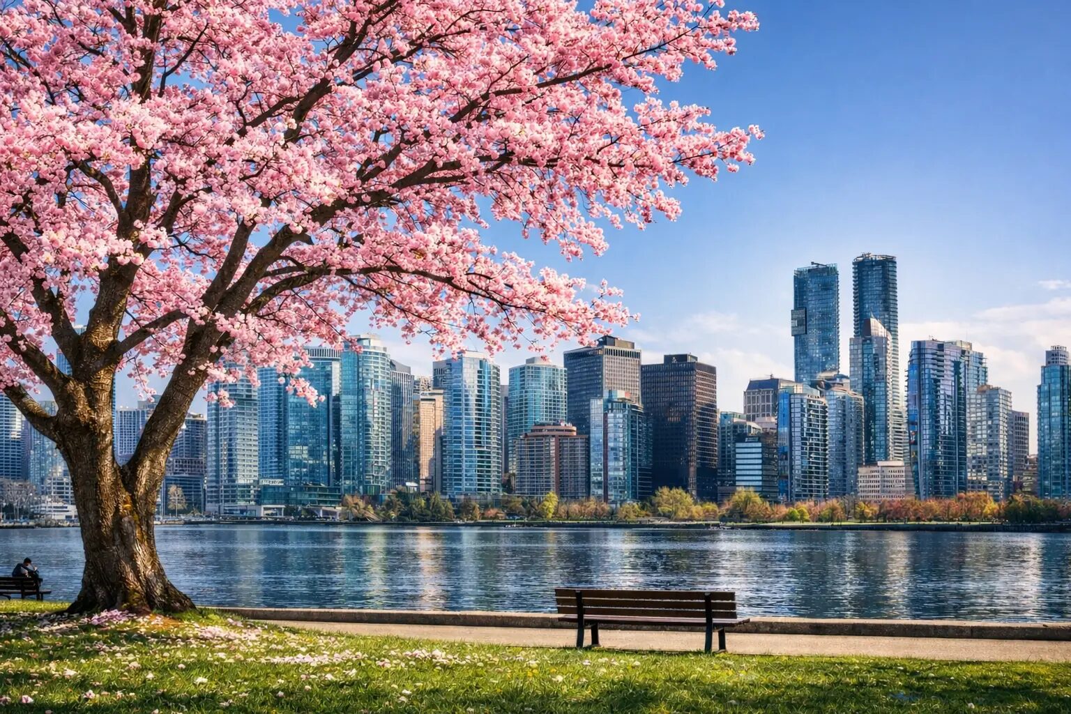 Cherry blossoms over Coal Harbour with the downtown Vancouver skyline near Pinnacle Hotel Harbourfront