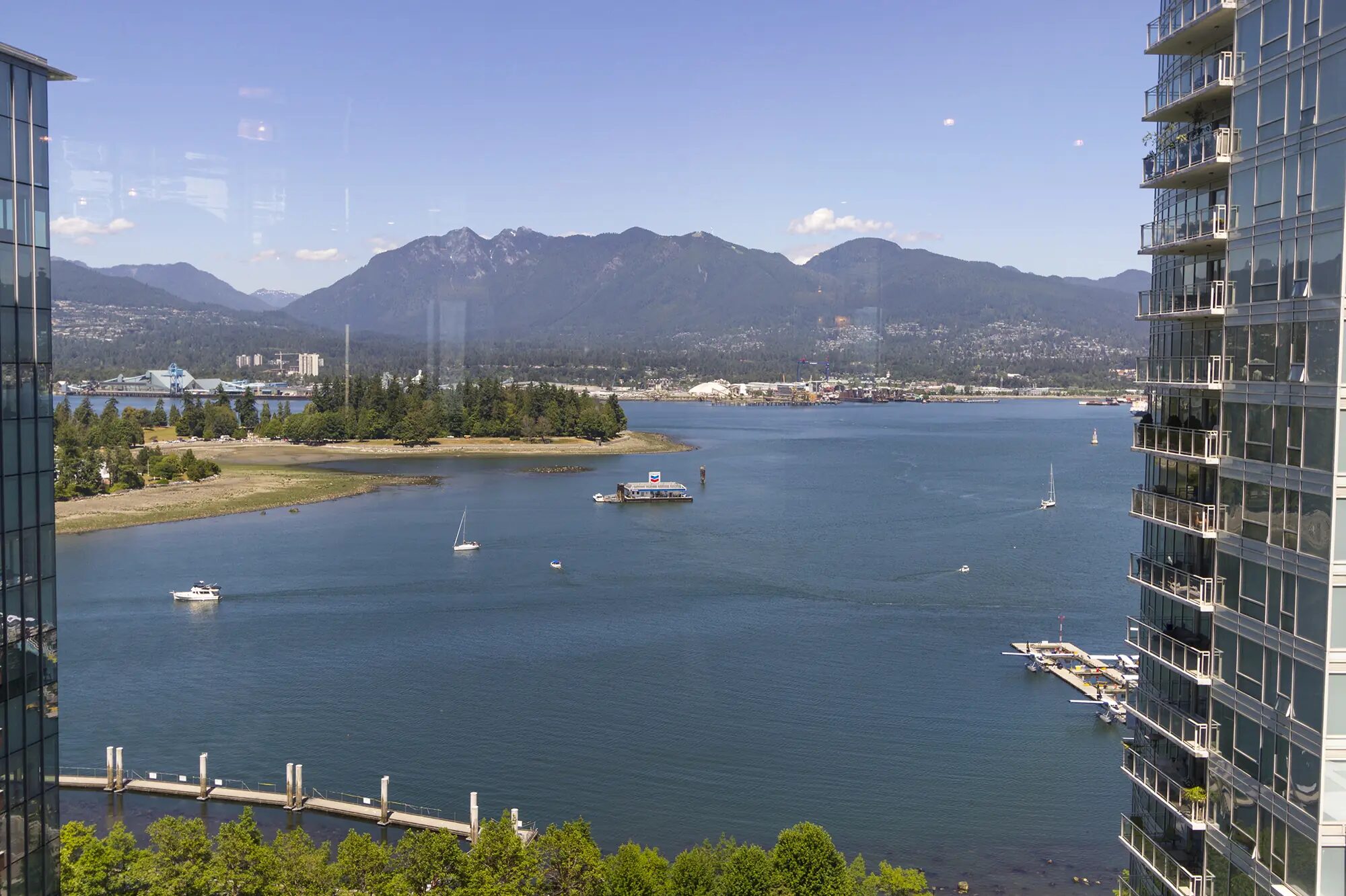 View of the North Shore mountains across Coal Harbour from Pinnacle Hotel Harbourfront