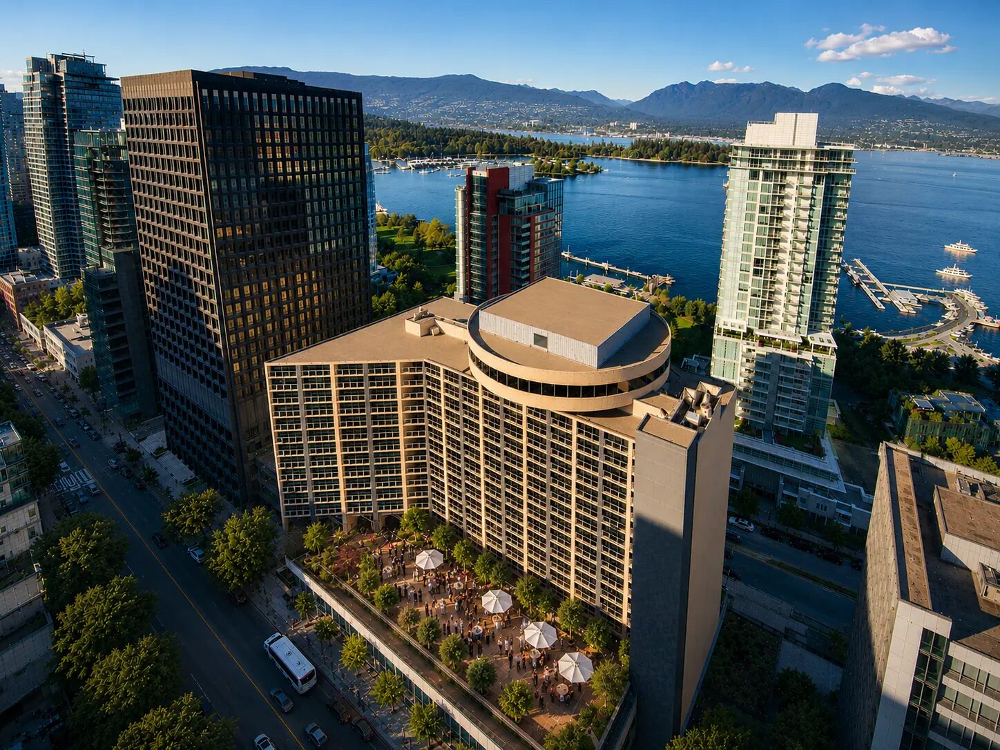 Aerial view of Pinnacle Hotel Harbourfront in Coal Harbour, downtown Vancouver